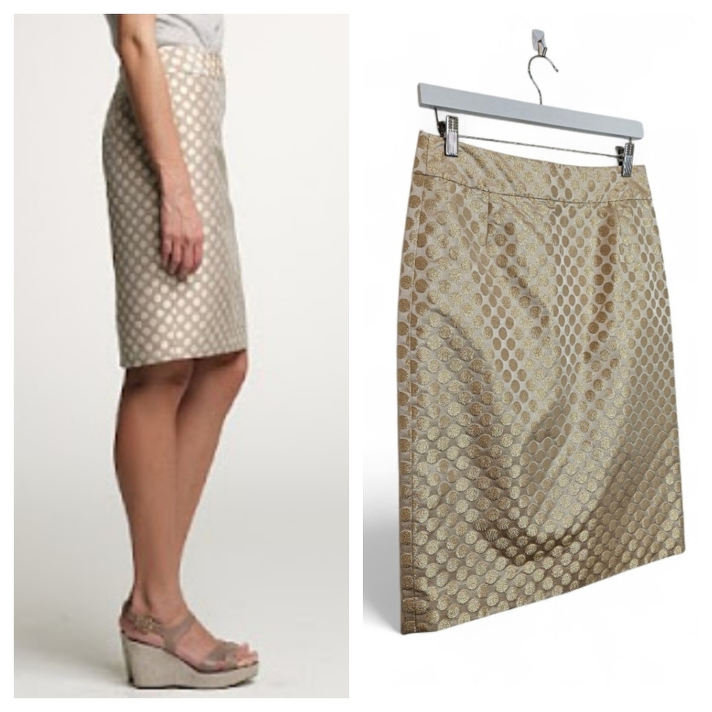 J.Crew Silk Metallic Gold Dot Pencil Skirt Size 6 Jacquard Holiday Party Beige